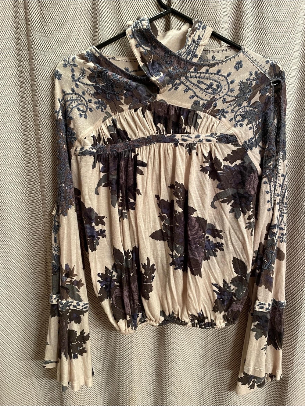 Free People Beige Floral Mock-Neck Long Sleeve Blouse